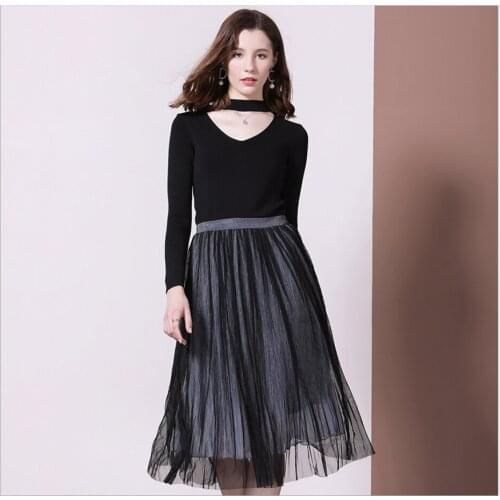 Womens 2021 new Slim knit stitching Dresses Female Mesh Pleated Puff Skirt Mid-length A-line Dress Lady Black Color Skirts Lady