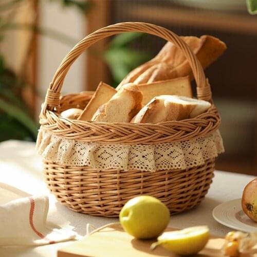 Picnic Wicker Basket Fruit Rattan Storage Box Snacks Tea Basket Willow And Cloth Wooden Storage Basket Zakka Home Decoration