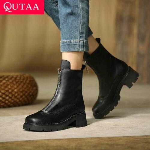 QUTAA 2022 Zipper Platform Ankle Boots Autumn Winter Square Med Heel Women Shoes Platform Short Boots Big Size 34-43
