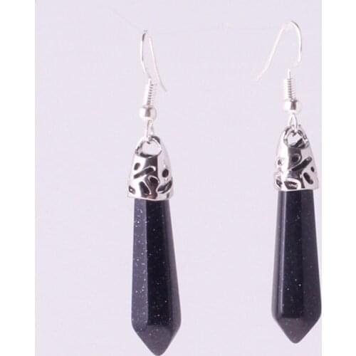 Druzy Natural Crystal Stones Earrings Natural Blue Sandstone Earrings Hexagonal Prism Single Point Energy Healing Women Jewelry