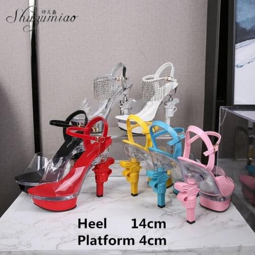 Strange Style Striptease Pole Dancing Shoes Sexy Transparent Super High Heel Sandals 14 CM Platform Nightclub Show Womens Shoes