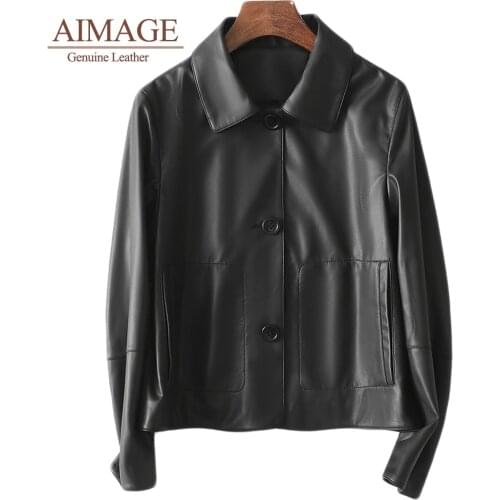 Genuine Sheep Skin Leather Outwear For Women Turn Collar Black Coats Button Female Natural Jackets Soft Jaqueta Feminina PY106