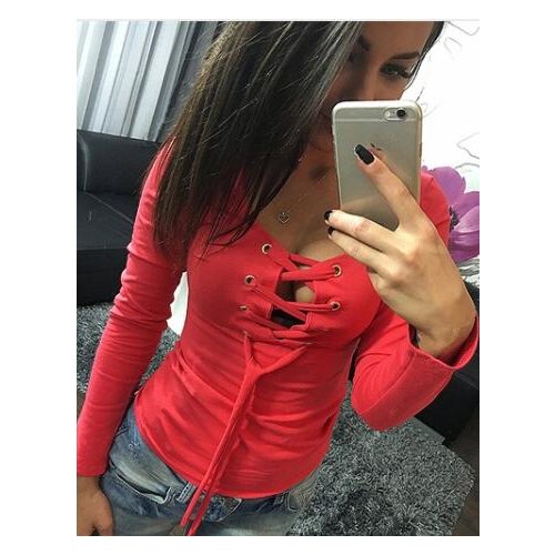 Spring Women T-shirts 2018 Solid Lace Up Sexy Top V-neck Long Sleeve Tshirt Women Low Cut Clothes