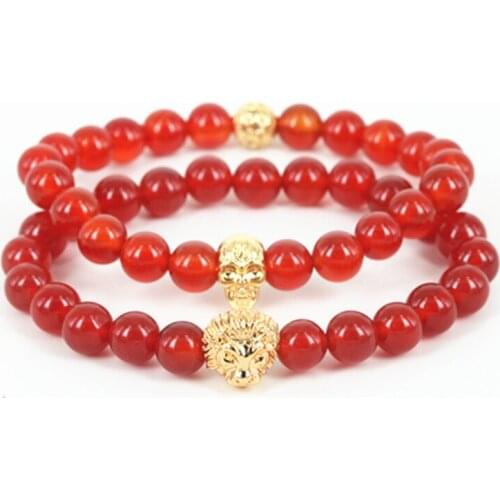 High quality beaded lion head men bracelet natural red stone round stone beads women bracelet as a gift