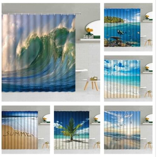 Ocean Seaside Scenery Shower Curtain Sea Waves Beach Shell Plank Road Bathroom Decor Sunset Landscape Waterproof Fabric Curtains