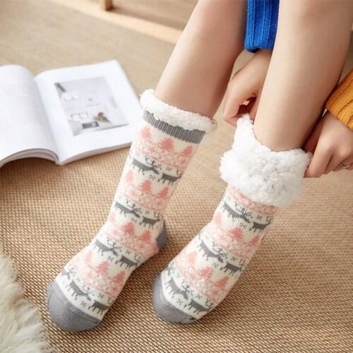 Women Warm Cartoon Elk Print Slipper Velvet Socks Winter Plush Floor Hose Fuzzy Anti-Slip Home Hosiery Stockings