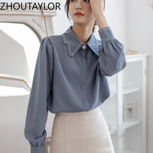 ZHOUTAYLOR Women Shirts Fashion Sweet Turn-down Collar Full Sleeve Blouse Female Office Lady Button Straight Femme Tops S0403