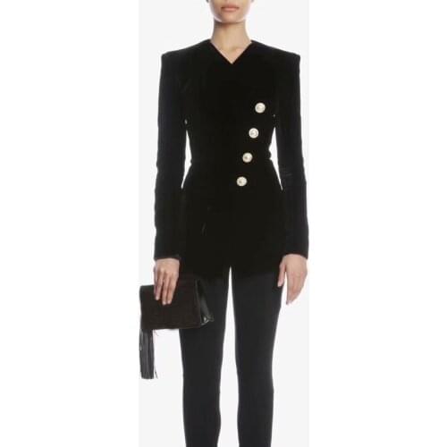 Autumn 11.8 Winter 2021 New V-neck Single breasted slim collect waist velvet black blazer coat women