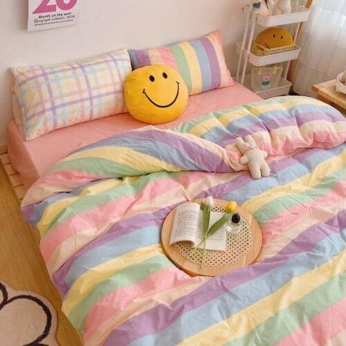 Hot Sale Kawaii Rainbow Bedding Set Girls Bed Sets Flat Bed Sheet And Pillowcases Full Queen King Size Duvet Cover