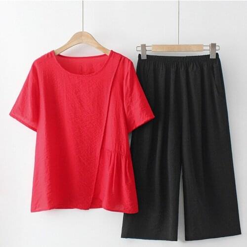 Plus Size Two-Piece Suit O-Neck Short Sleeves T-Shirts Elastic Waist Knee-Length Trousers Summer Looser Comfort Cotton Suits