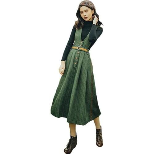 Retro Casual Two Piece Women Turtleneck Long Sleeve Sweater+Striped Wool Straps Dress Sets Womens Slim Pleated Vintage Set J148
