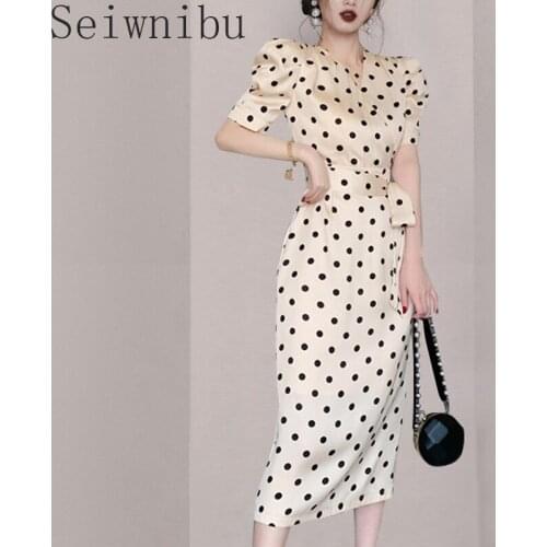 Seiwnibu Vintage Elegant Polka Dot Women Long Dress Spring Autumn New Fashion Short Sleeves Dresses V Neck Slim Lace Up Vestidos