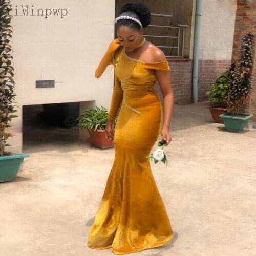YiMinpwp Gold Velvet Mermaid Prom Dresses One Shoulder Long Sleeve Floor Length Beads Formal Women Evening Party Gowns vestidos