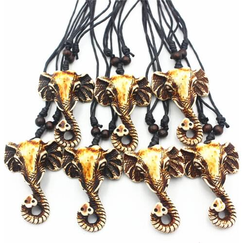 12pcs Imitation Yak Bone Hand Carved Tibet Lucky Elephant Charm Pendant Necklace Amulet Gift MN160