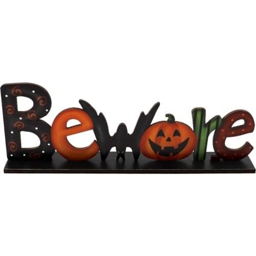 27RE Halloween Wooden Table Decoration Beware Letters Cartoon Pumpkin Sign Backdrop Rustic Farmhouse Holiday Party Tier Tray