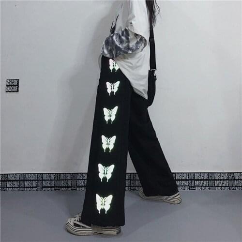 Womens Korean Sports Pants Spring And Summer New Reflective Butterfly Print High Waist Straight Casual Trousers Met Y2k штаны