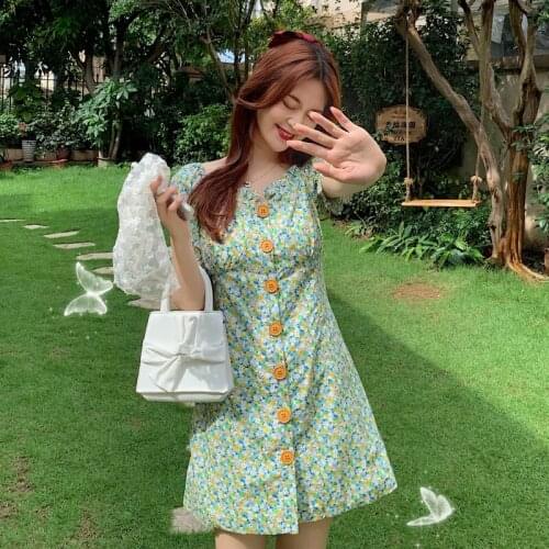 French style wooden ears puff sleeve floral temperament dress for women