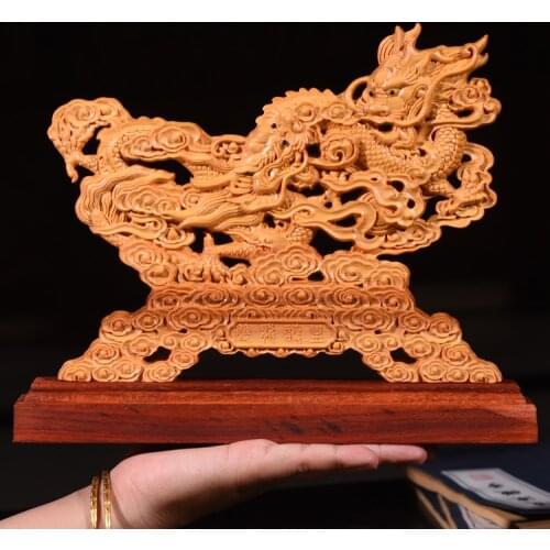 20CM Double Dragon With Ball Wood Double Sided Carved Hollow Home decor Furnishing Collection Decorations