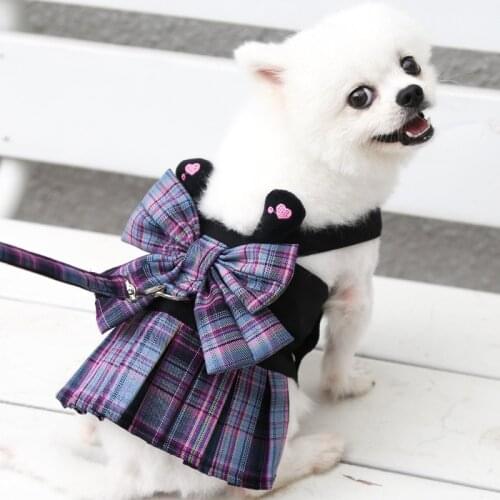 Plaid Dog Clothes Dress Cute Dog Harness Vest Leash Set Breast-Band Collar Perro For Small Puppy Chihuahua Pets Clothing Bulldog
