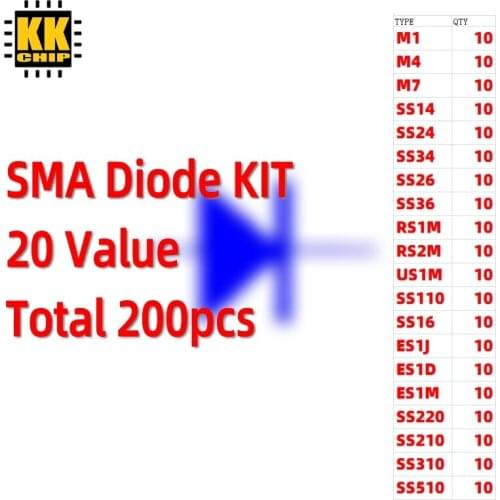 200pcs/lot SMA Diode KIT 20 Value SS14 SS24 M1 M4 M7 SS34 ES1J ES1D RS1M RS2M US1M SS16 SS26 SS36 SS220 SS210 Each10pcs