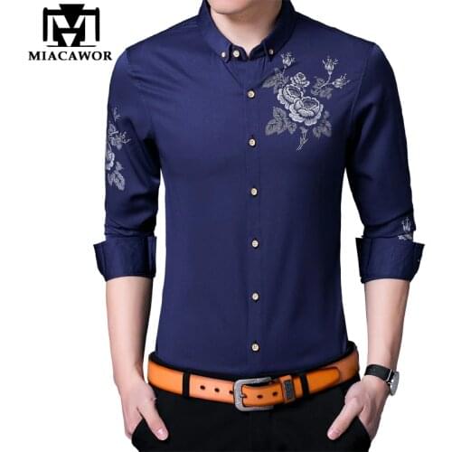 MIACAWOR Spring Long Sleeve Social Shirts Mens Flower Print Casual Shirt Men Button Lapel Shirt Slim Fit Chemise Homme C641