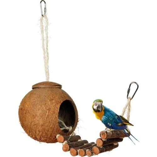 Natural Coconut Shell Bird Nest House Hut Cage Feeder Pet Parrot Parakeet Toy