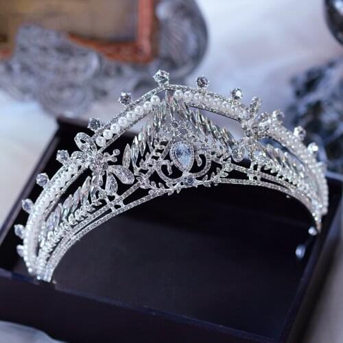 NiuShuya Shiny Crystal Headband Cubic Zirconia Crown Pearl Bride Hair Accessories New Royal Princess Wedding Tiaras