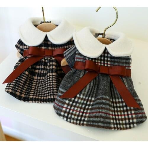 Pet dog clothes autumn and winter new Plaid Wool warm princess skirt small and medium-sized dog bow Plaid Wool Skirt