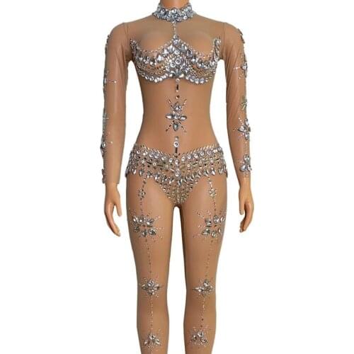 Sexy Sparkly Crystals Transparent Jumpsuit Women Dancer Show Celebrate Sexy Outfit Prom DJDS Bar Birthday Stones Dance Bodysuit