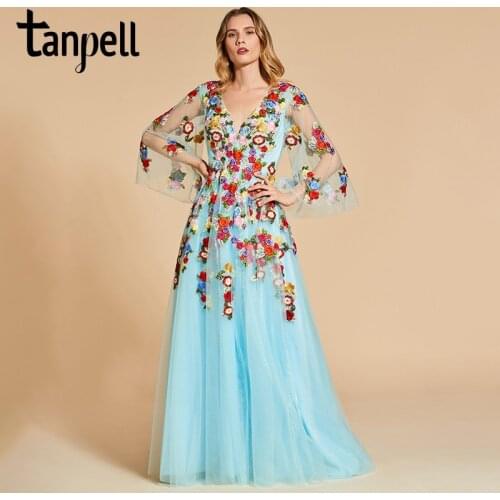 Tanpell appliques prom dresses sweety sky blue 3/4 sleeves floor length a line gown women backless party custom long prom dress