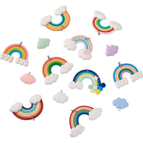 28pcs/set Mixed Color Cloud & Rainbow Series Resin & Polymer Clay Pendants Charms with Iron Loop for Keychain DIY Jewelry Making