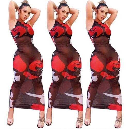 ZKYZWX Print Mesh Sheer Bodycon Maxi Dress Sleeveless Sexy Summer Night Club Outfits for Women Long Dresses Ladies Party Dress