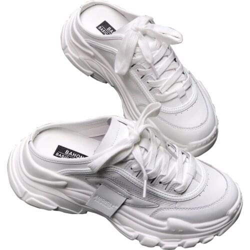 Top Quality Genuine Leather Slippers 2021 New Women Casual Shoes Head Half Sandals Buffalo Shoes Lace Up Walking Soft Sneakers