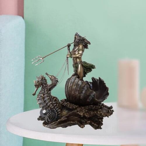 Resin Craftwork Greek God of the Sea Statue Bronzed Figurine Poseidon on Seahorse for Home Office Decor