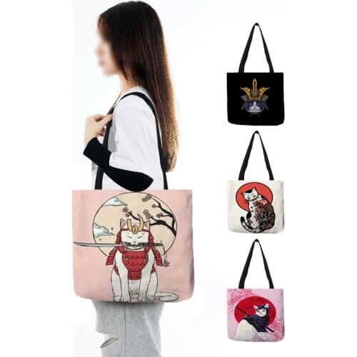 Creative Japanese Ninja Warrior Cat Print Tote Bag Linen Cloth Casual Tote Shopping Bags Foldable Reusable Shoulder Handbag