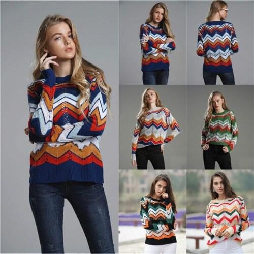 Sweater female 2021 autumn new commuter sweater round neck pullover rainbow striped sweater fashion womens clothing