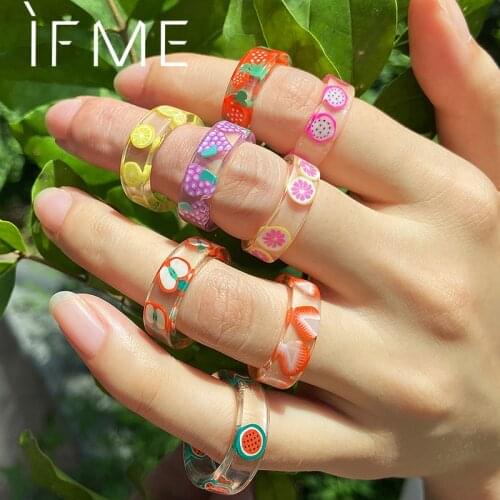 IF ME Aesthetic Paint Transparent Resin Fruit Rings for Women Girl 2021 Summer Stawberry Lemon Apple Pattern Finger Ring Jewelry