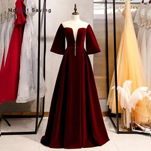 Vintage Wine Red A-Line O Neck Velour Evening Dresses 2020 with Buttons Formal Lantern Sleeves Party Prom Gowns robe de soiree