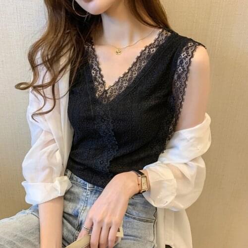 Summer New Hook Flower Lace Solid Stitching V-neck Camis Female Knitted Short Section Slim Outer Wear Shirt Trend Tank Top