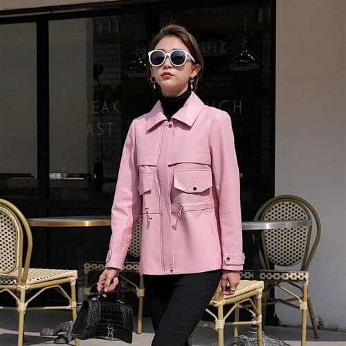 Popular Autumn Spring New Fashion Genuine Leather Jacket Cute Pink Garment Medium Length Lady Sheepskin Coat High Quality