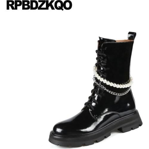 Fall Metal Handmade Beige Pearl Ankle Women Flat Comfortable Black Shoes Muffin Side Zip Boots Booties Round Toe Flatform Chain