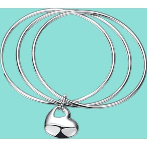 925 Sterling Silver Bangles Women Three Lines Smooth High Quality Solid Heart Bangles Fashion Jewelry