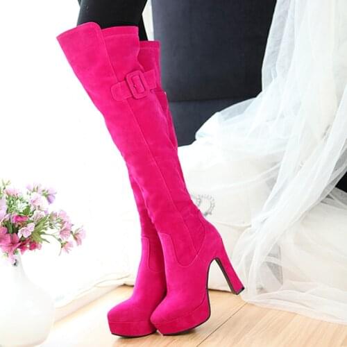 Super High Heterosexual Square Heel Rose Red Suede Warm Snow Boots Waterproof Platform Flock Plush Womens Over-The-Knee Boots