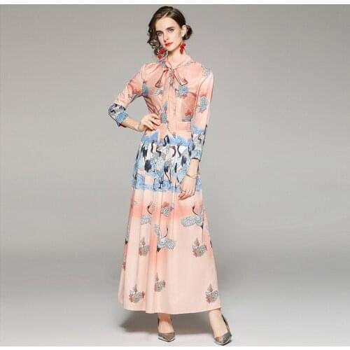 Luxuriy Runway Casual Maxi Dress Women Temperament Bow Collar Long Sleeve Elegant Vintage Party Robe Print Long Dress Vestidos