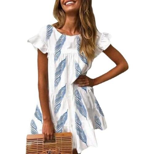 Summer Women Dress Feather Print Comfortable Casual Ladies Short Sleeve Loose Streetwear Women Dress robe femme 2021