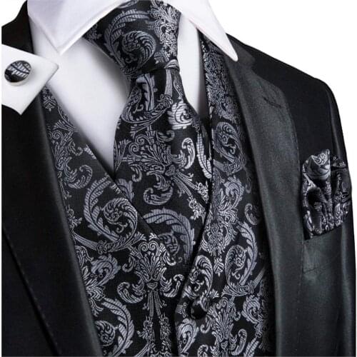 Vest for Men Black Suit Vest Floral Waistcoat Slim-Fit Tuxedo Paisley Tie Set Cufflinks Gift for Wedding Business Hi-Tie VE-0011