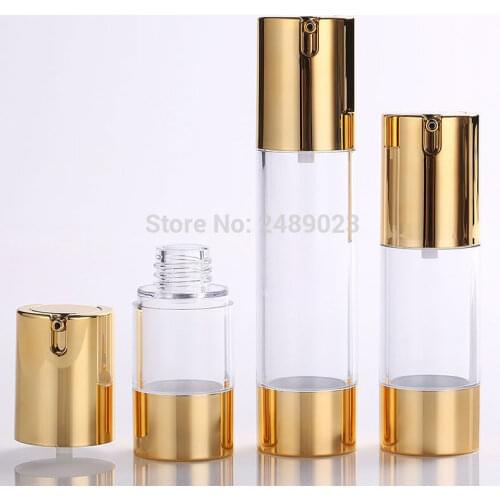 Gold 15ml 30ml 50ml Airless Pump with Clear Body Bottle By Self Empty Reusable Refillable Diy Skin Care Creations 10pcs/lot