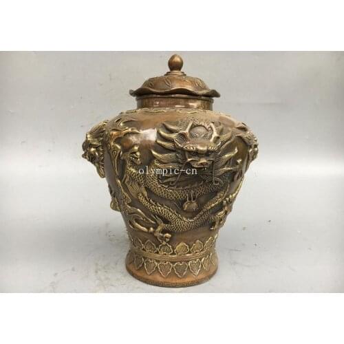 10'' copper brass carved auspicious beast animal four Dragon design vase jar