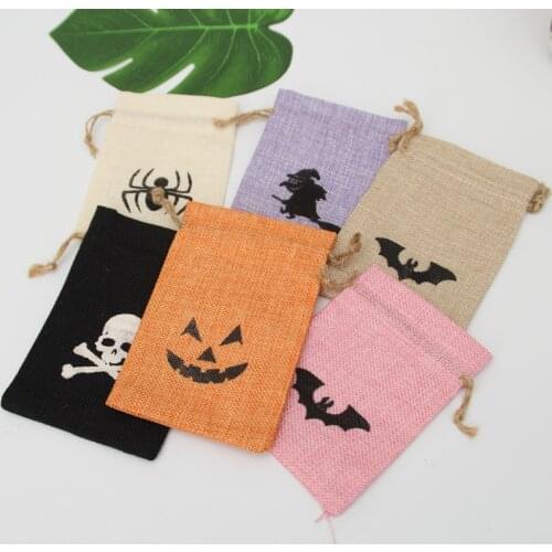 10pcs Party Gifts Halloween Linen Bag Candy Drawstring Bag Christmas Ghost Festival Decoration Props Jewelry Packaging