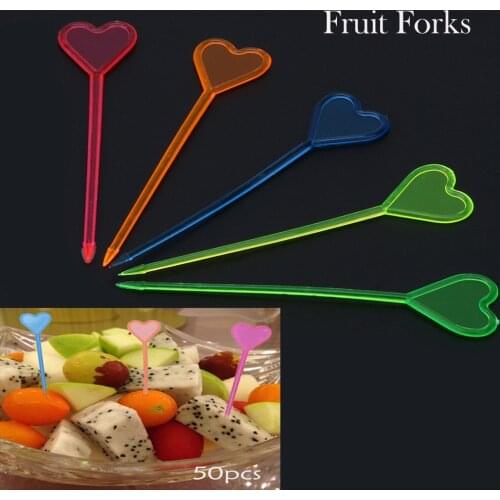 50pcs Disposable Plastic Colorful Stick Love Heart Arrow Shape Fruit Fork Household